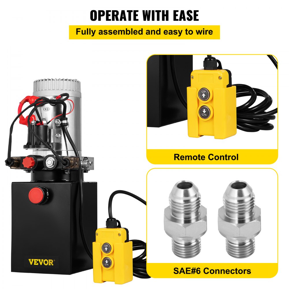 Bostome 4-quart double-acting 12V DC hydraulic power unit with steel tank, remote control, and SAE connectors.