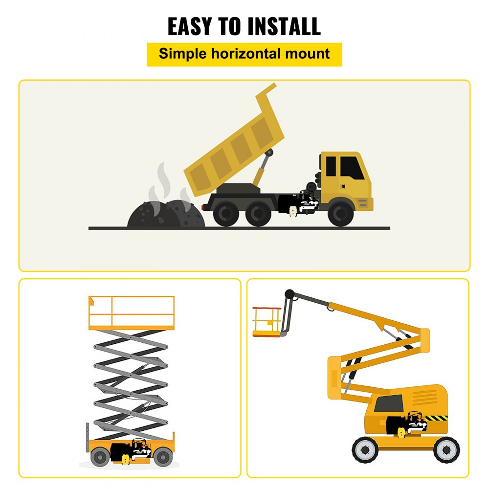 Diagram showing easy horizontal mount installation of a 12V DC hydraulic power unit with dump truck and lift examples.