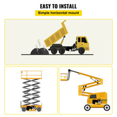 Diagram showing easy horizontal mount installation of a 12V DC hydraulic power unit with dump truck and lift examples.