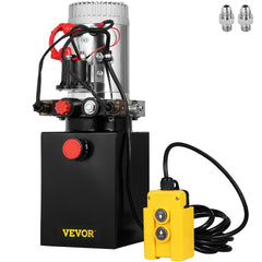 Bostome 4-quart double-acting 12V DC hydraulic power unit with steel tank, red handles, and yellow pendant control.
