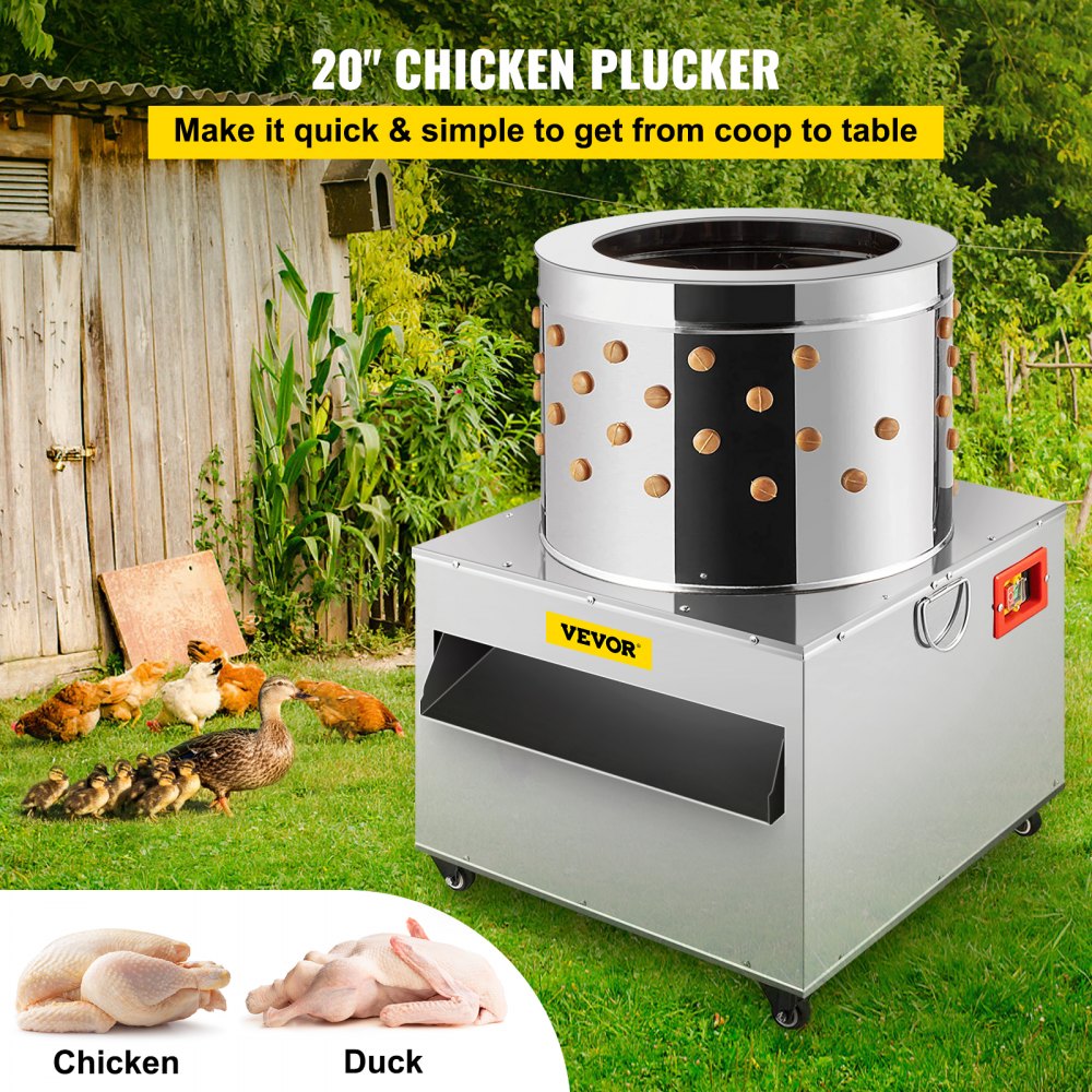 Stainless steel chicken plucker with a 1500W motor and 106 rubber fingers for efficient feather removal.
