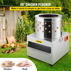 Stainless steel chicken plucker with a 1500W motor and 106 rubber fingers for efficient feather removal.