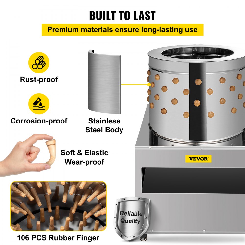 Stainless steel chicken plucker with 1500W motor and 106 rubber fingers for efficient feather removal.