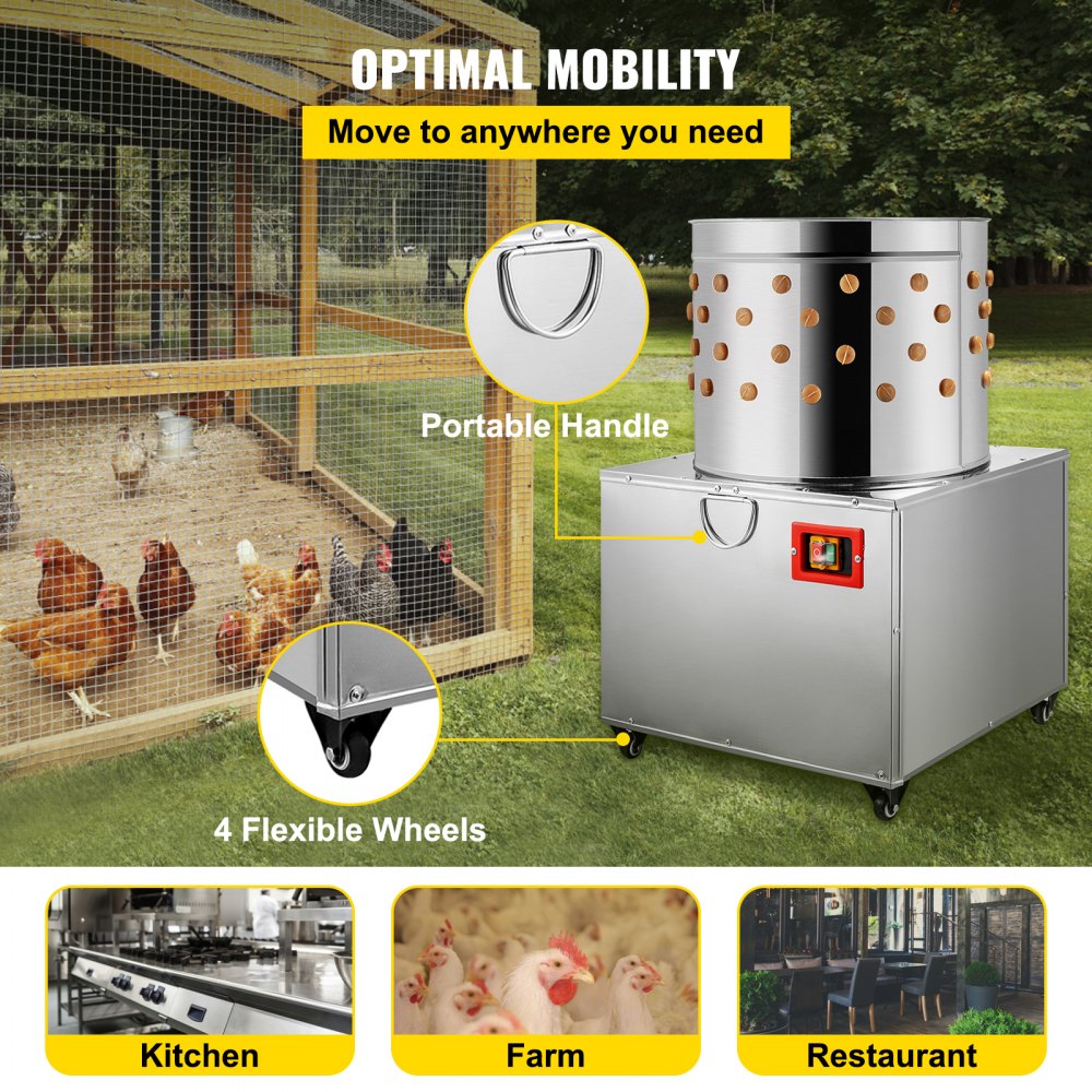 Stainless steel chicken plucker with a 1500W motor and 106 rubber fingers for feather removal.