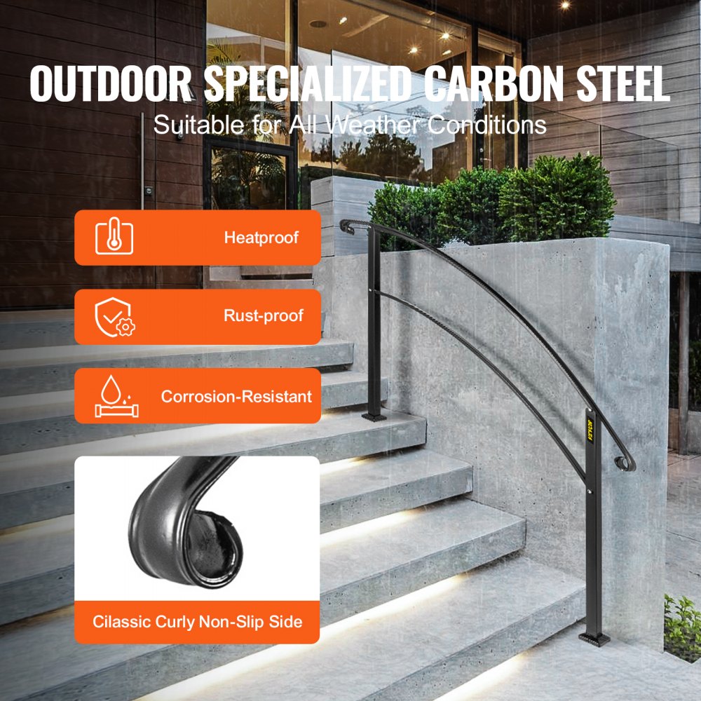 Black wrought iron handrail for five outdoor steps with adjustable height and elegant design.
