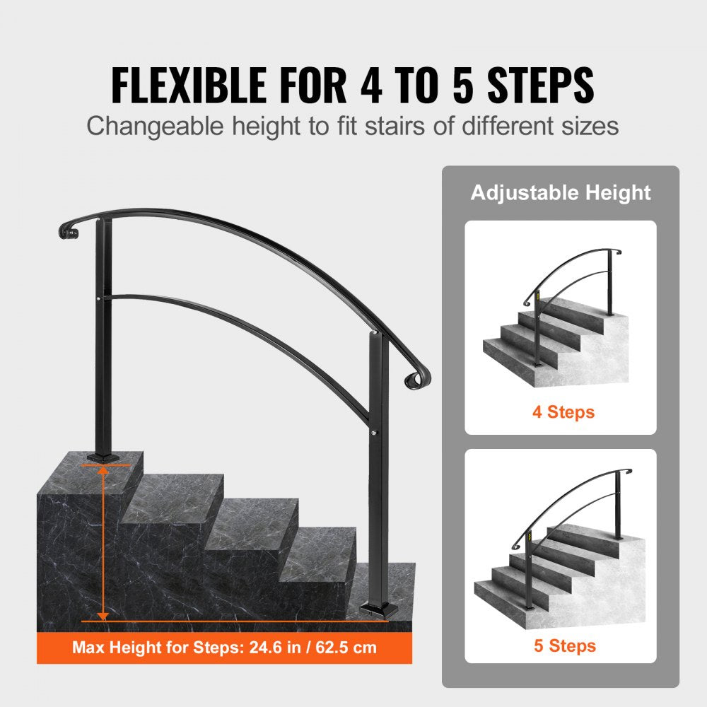 Black wrought iron handrail designed for five outdoor steps with adjustable height features.