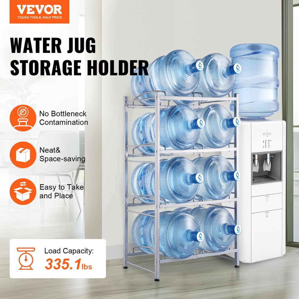 4 Tiers Water Jug Holder Double Row Water Bottle Rack for 8 Bottles Silver
