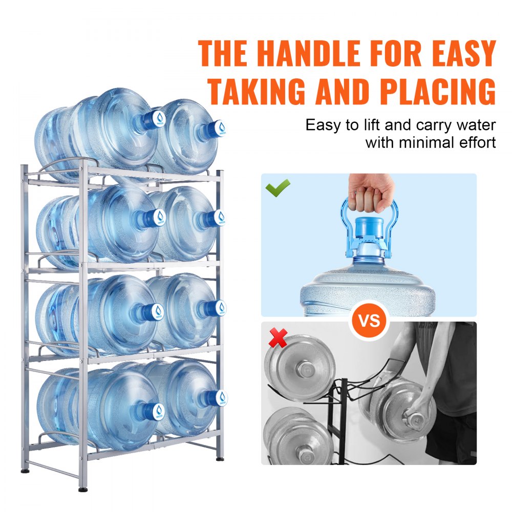 4 Tiers Water Jug Holder Double Row Water Bottle Rack for 8 Bottles Silver