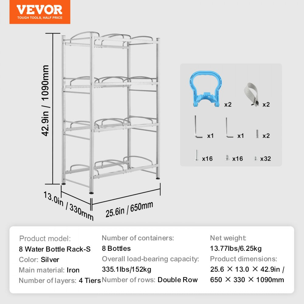 4 Tiers Water Jug Holder Double Row Water Bottle Rack for 8 Bottles Silver