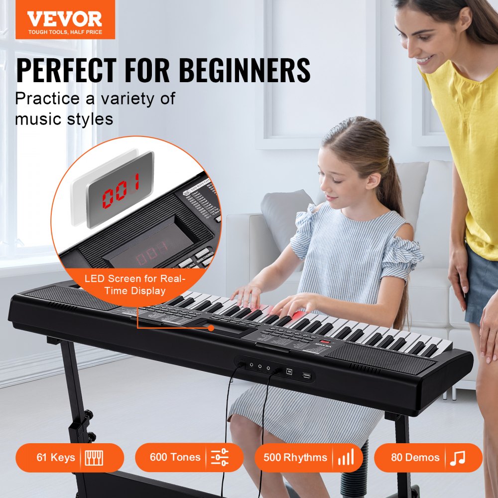 61 Key Digital Keyboard Piano Electric Portable with Adjustable Stand