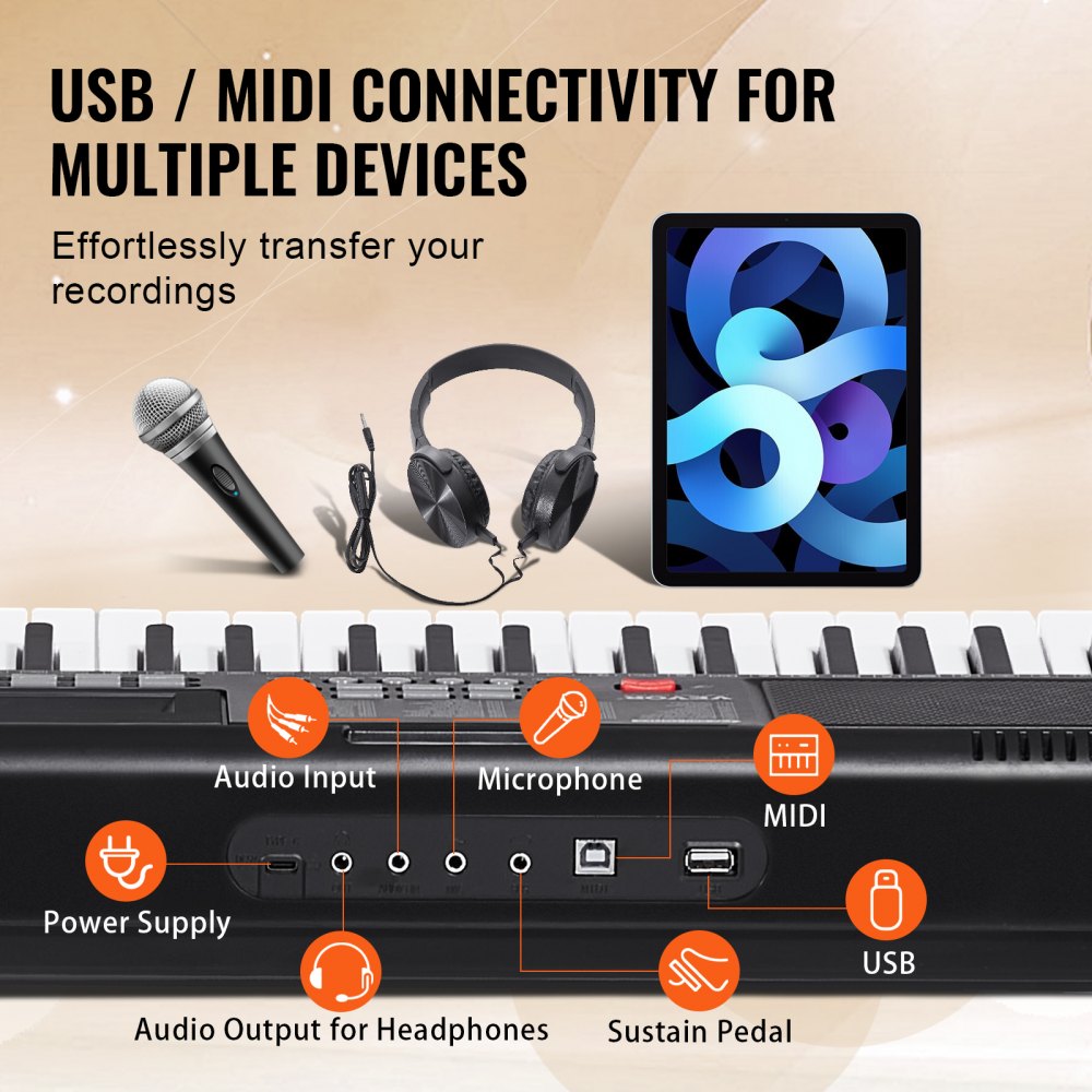 61 Key Digital Keyboard Piano Electric Portable with Adjustable Stand