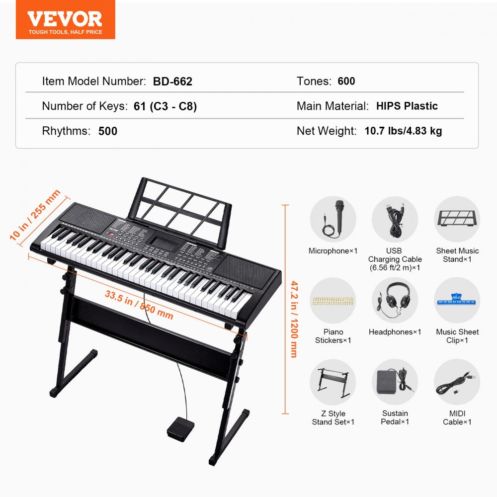 61 Key Digital Keyboard Piano Electric Portable with Adjustable Stand