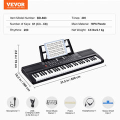 61 Key Digital Keyboard Piano Electric Portable 200 Tones 200 Rhythms