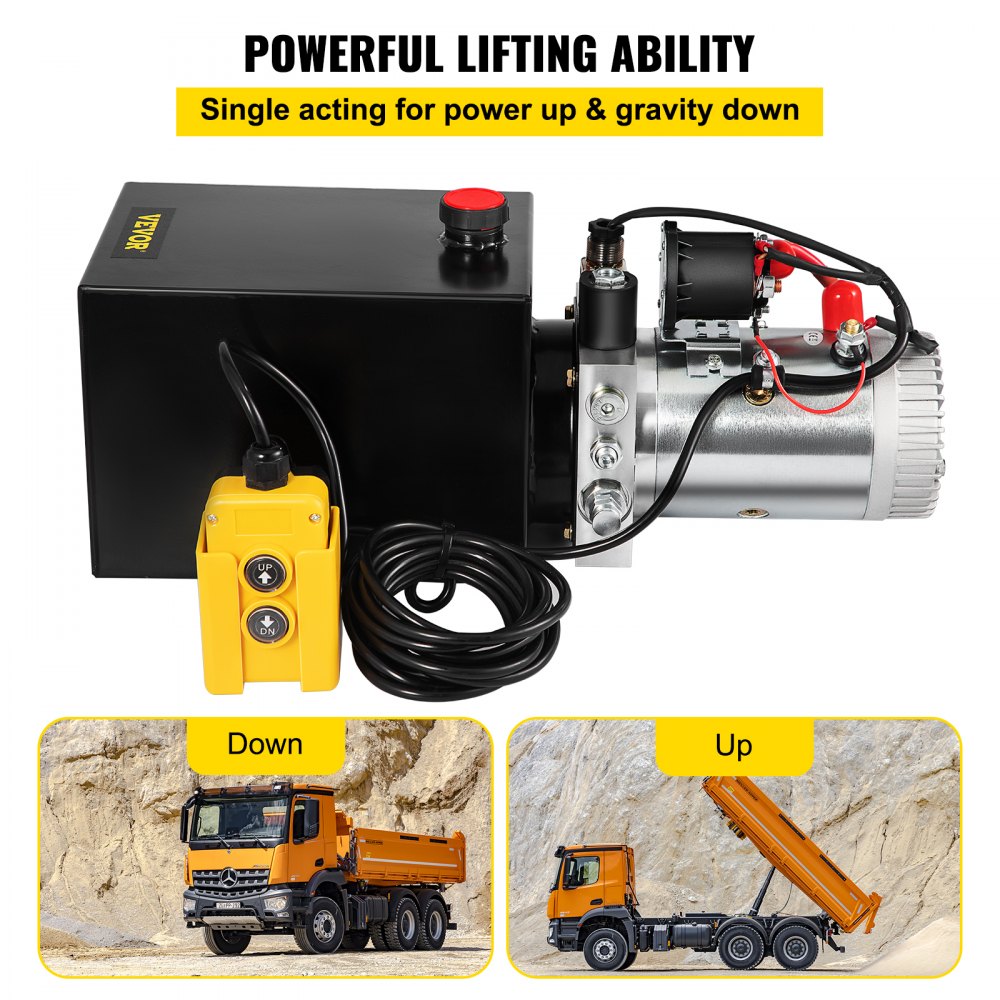 Bostome 6 Quart Single Acting Hydraulic Power Unit with 12V motor and 3200 PSI pressure.