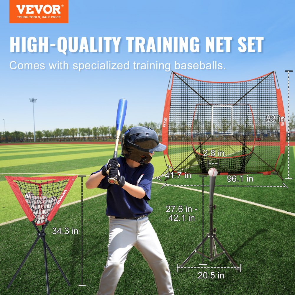 7x7 ft Baseball Softball Practice Net, Portable Baseball Training Net for Hitting Catching Pitching, Backstop Equipment with Bow Frame, Carry Bag, Strike Zone, 12 Balls, Tee, and Ball Collector