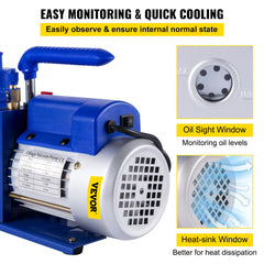 Vacuum Pump 7 CFM 1/2 HP Single Stage Air Conditioning Vacuum Pump for R12 R22 R134a R410a Systems 110V 5PA Ultimate Vacuum Refrigerant HVAC Tool for Automobile Reparation Vacuum Evacuation