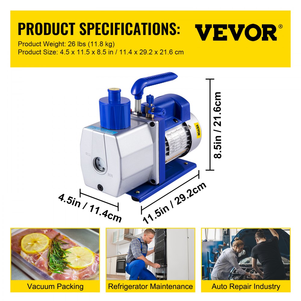 Vacuum Pump 7 CFM 1/2 HP Single Stage Air Conditioning Vacuum Pump for R12 R22 R134a R410a Systems 110V 5PA Ultimate Vacuum Refrigerant HVAC Tool for Automobile Reparation Vacuum Evacuation