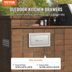 14x8.5 Inch Outdoor Kitchen Drawers Stainless Steel, Flush Mount Double Drawers,14W x 8.5H x 23D Inch, with Stainless Steel Handle, BBQ Drawers for Outdoor Kitchens or BBQ Island