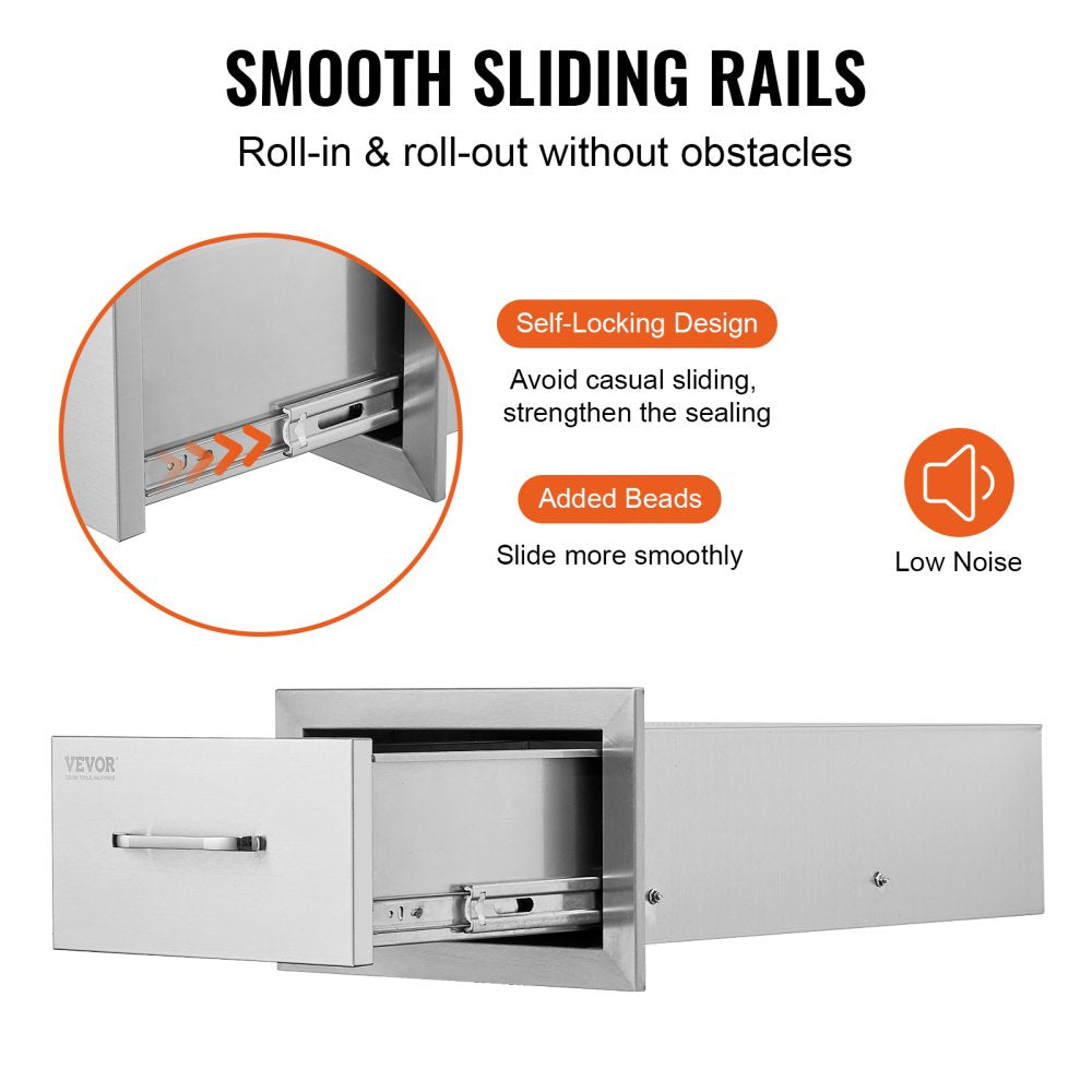 14x8.5 Inch Outdoor Kitchen Drawers Stainless Steel, Flush Mount Double Drawers,14W x 8.5H x 23D Inch, with Stainless Steel Handle, BBQ Drawers for Outdoor Kitchens or BBQ Island