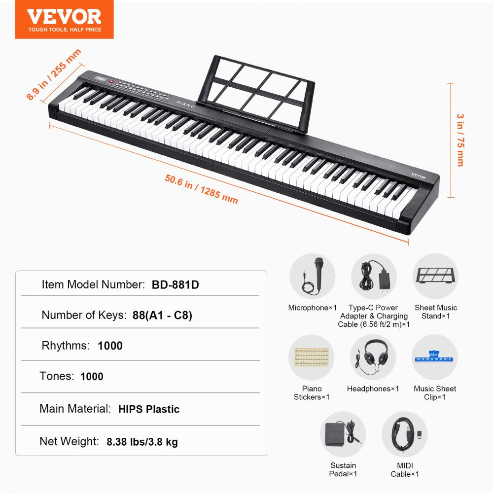 88 Key Digital Piano Keyboard Semi Weighted Full Size Electric Portable