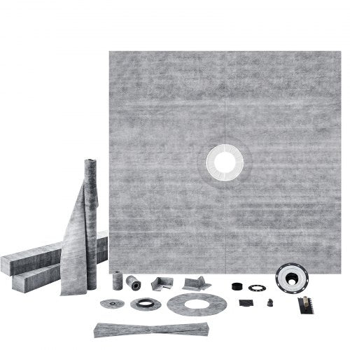 72x72 shower pan kit with ABS flange, stainless grate, and installation components.
