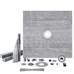 72x72 shower pan kit with ABS flange, stainless grate, and installation components.