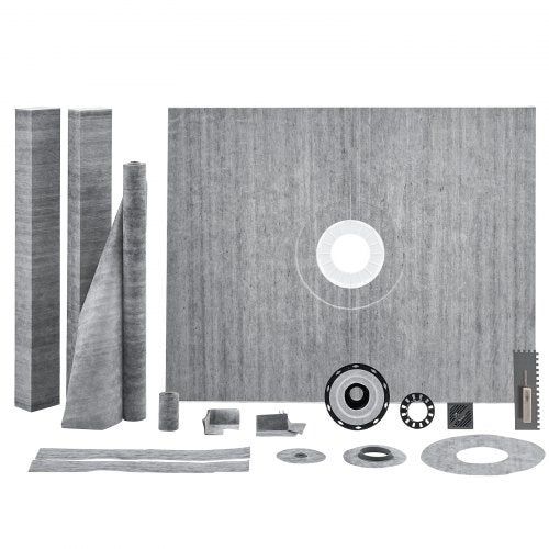 Bostome 60"x48" shower pan kit with waterproof membrane, curb, and stainless steel grid filter.