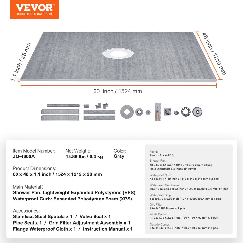 Bostome 60"x48" shower pan kit with EPS waterproof membrane and curb for easy installation.