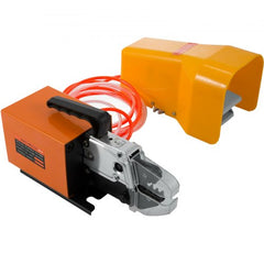 Air-powered Bostome AM-10 crimping tool with dual-action cylinder and interchangeable jaws.