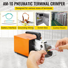 Air powered crimping tool with dual-action cylinder and interchangeable jaws for precise wire connections.