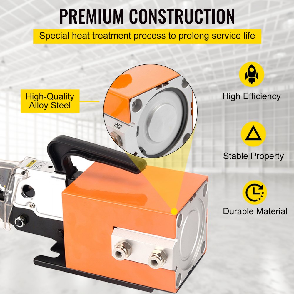 Air-powered Bostome AM-10 crimping tool with dual-action cylinder and interchangeable jaws.