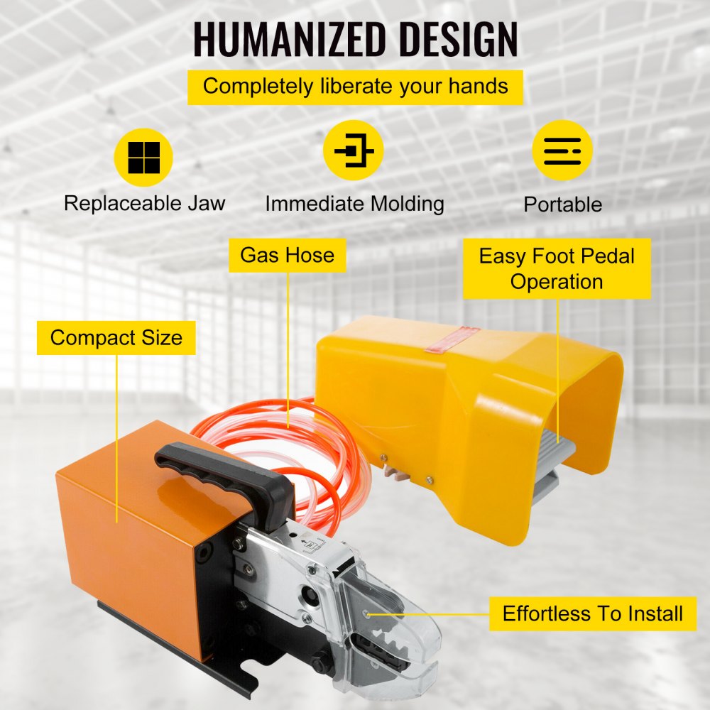 Bostome AM-10 pneumatic crimping tool with dual-action cylinder and foot-operated air valve.