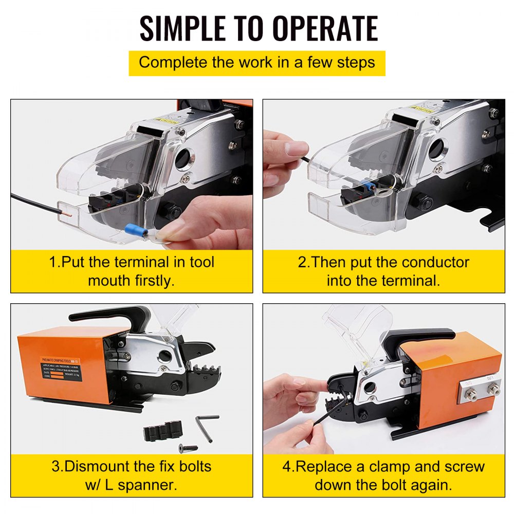 Air-powered Bostome AM-10 crimping tool with dual-action cylinder and interchangeable jaws.