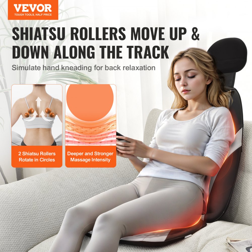 Shiatsu Back Massager with Heat, Massage Seat Cushion with 2-Group Back Shiatsu Rollers and 2 Seat Vibration Motors, Fatigue Relief Seat Massage Chair Pad with 5 Vibration Modes for Home Office