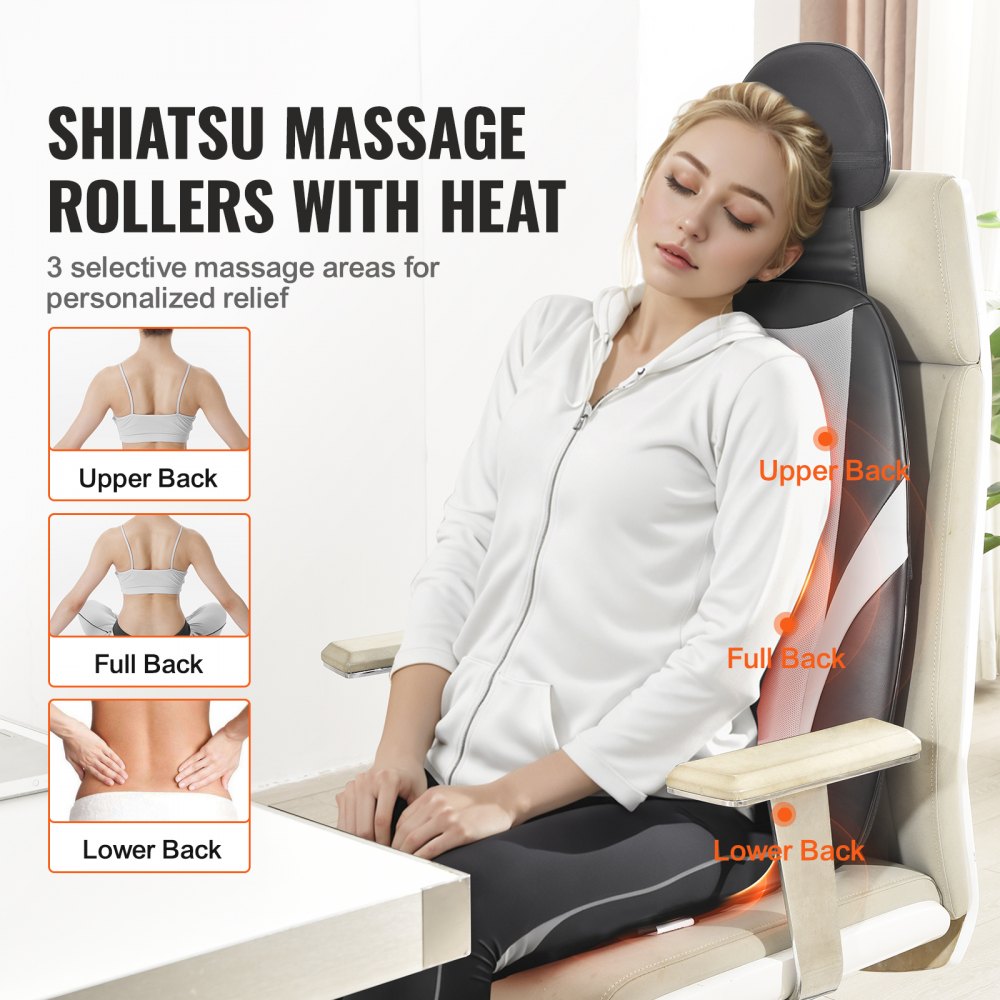 Shiatsu Back Massager with Heat, Massage Seat Cushion with 2-Group Back Shiatsu Rollers and 2 Seat Vibration Motors, Fatigue Relief Seat Massage Chair Pad with 5 Vibration Modes for Home Office