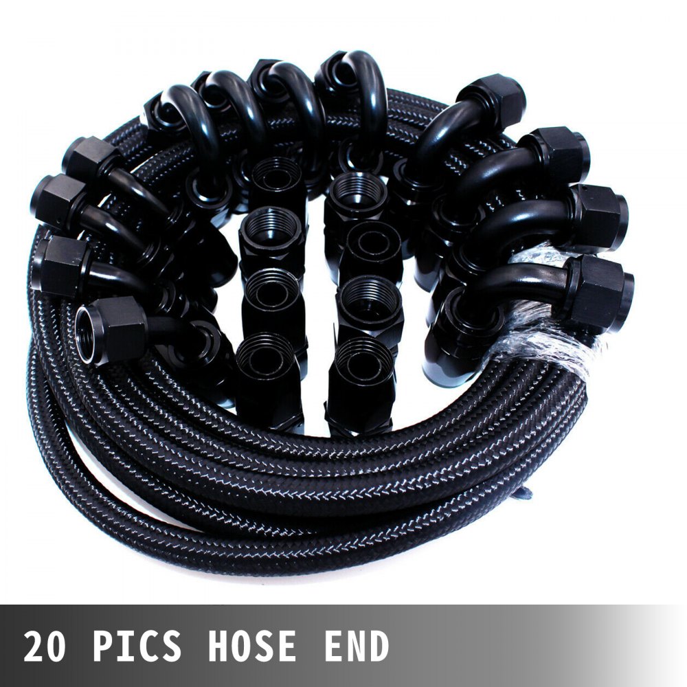 8AN Fuel Line, 20 Pcs 8AN Fuel Hose Kit, 32.8Ft BK Nylon Stainless Steel Braided Oil Line Hose, NBR CPE Synthetic Rubber AN8 Gas Line, 8AN Universal Fitting Adapter Set with Aluminum Hose End