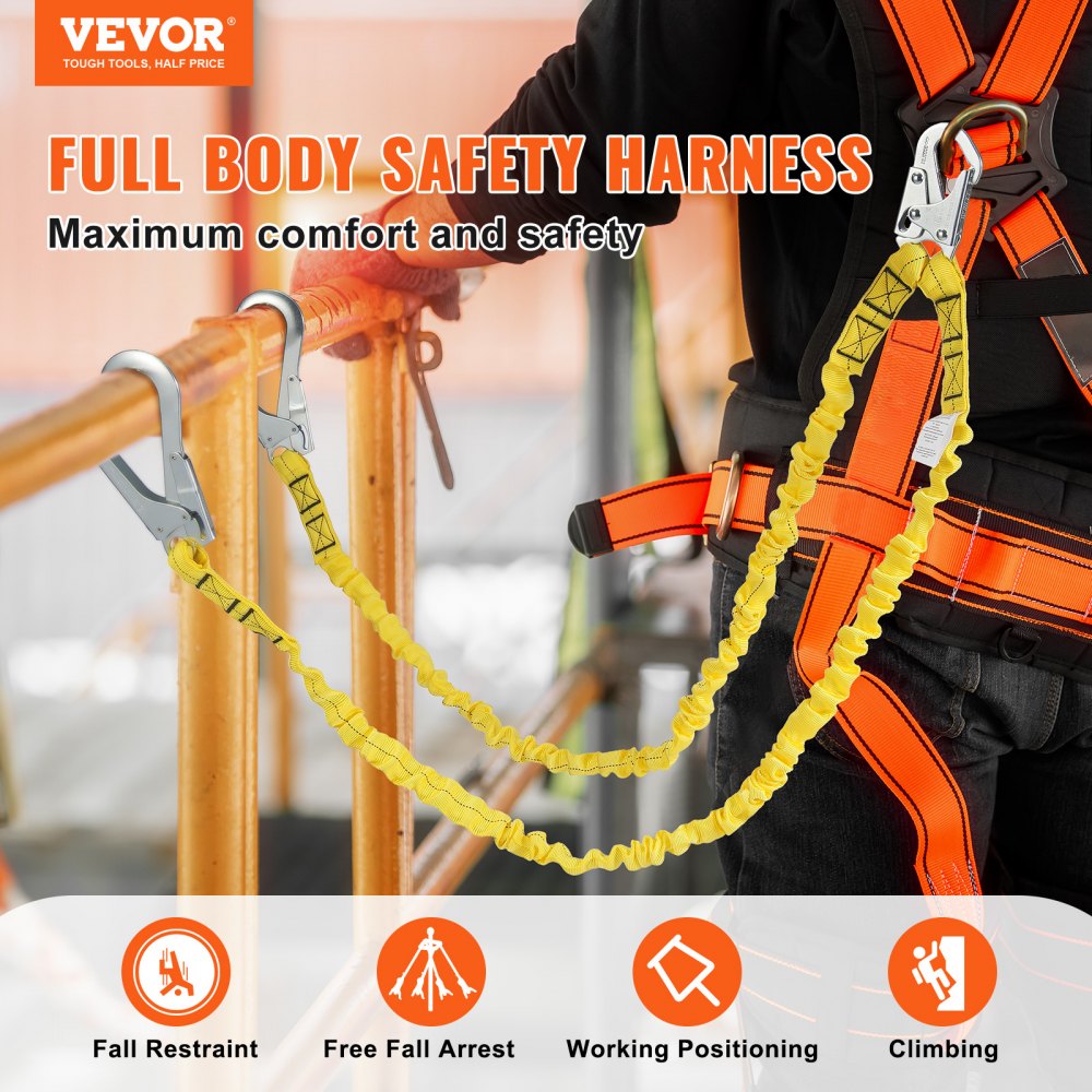 Yellow 38mm safety lanyard, 6ft long with snap hooks for fall protection.