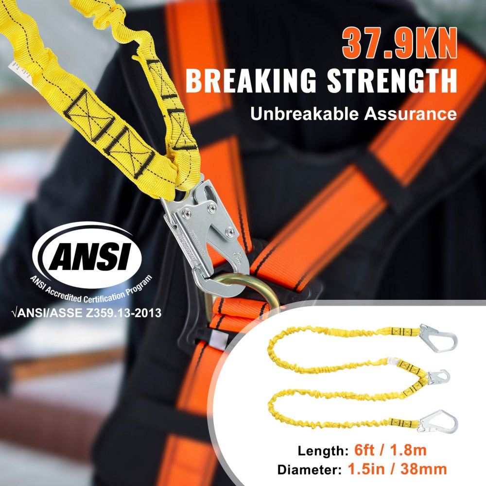 Yellow 38mm safety lanyard, 6ft long with snap hooks for fall protection.
