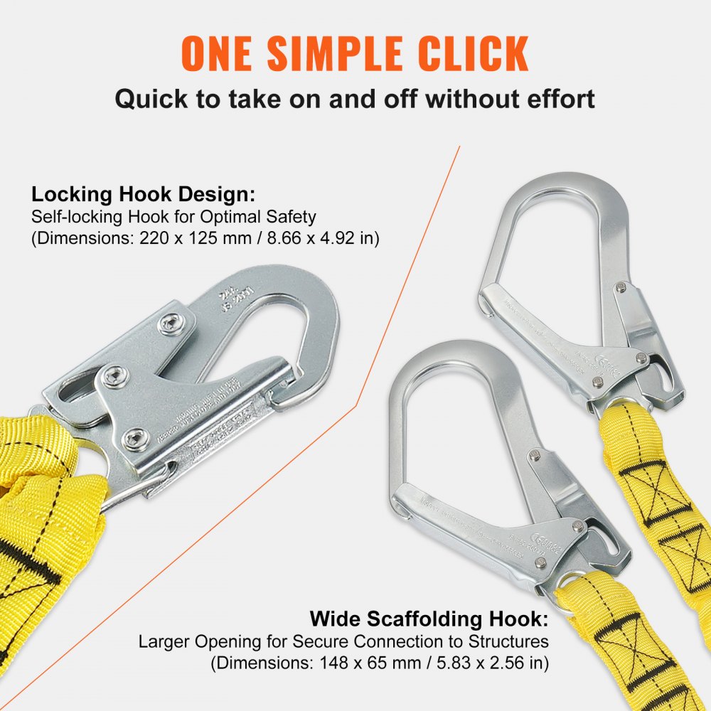 Yellow 38mm safety lanyard with double self-locking snap hooks for fall protection.