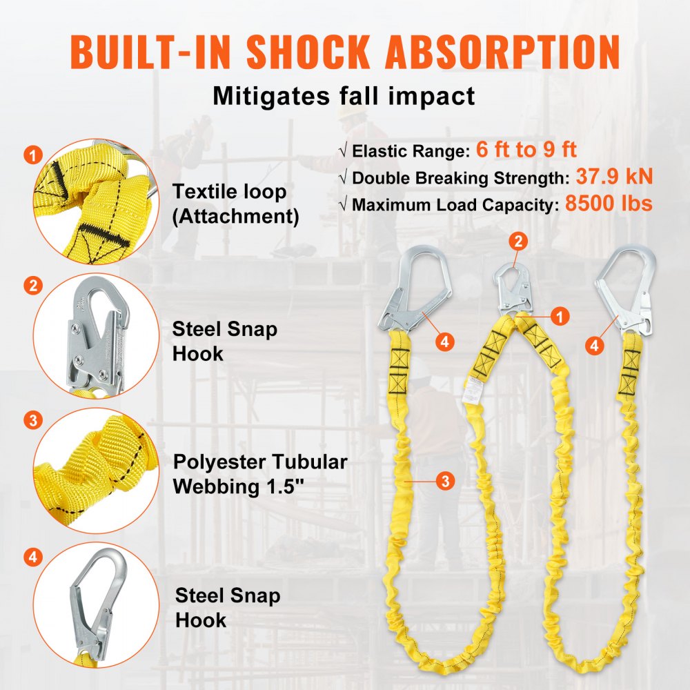 Yellow 38mm safety lanyard with 6ft elastic range, snap hooks, and shock absorption for fall protection.