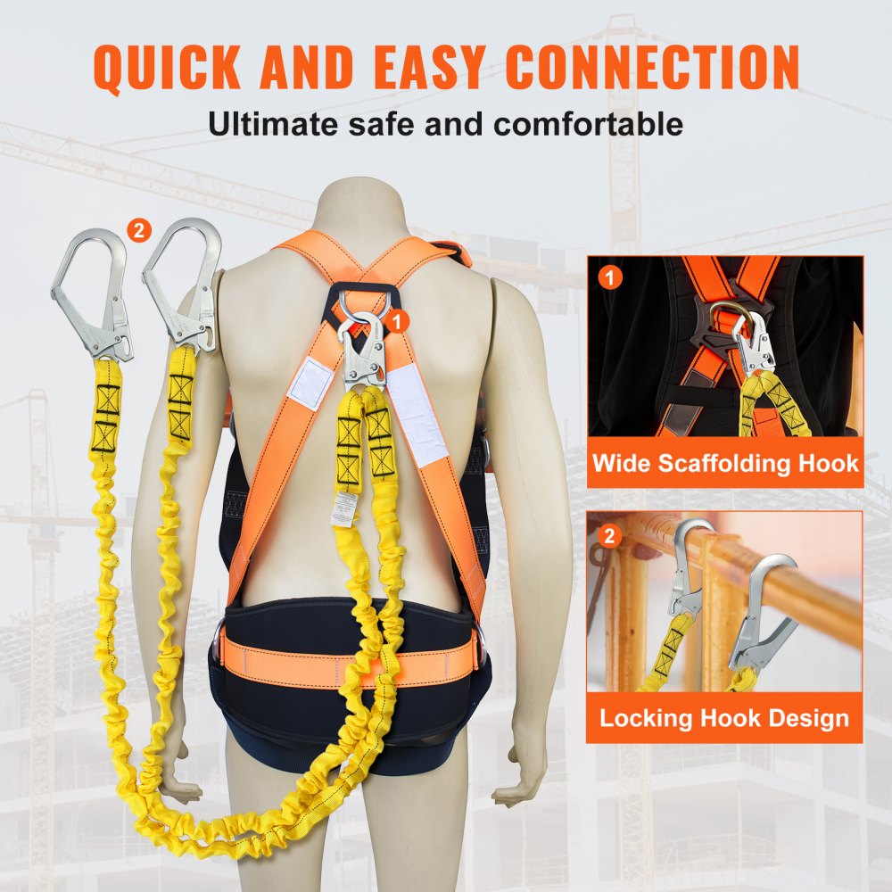 Yellow 38mm safety lanyard with snap hooks and locking scaffold hooks for fall protection.
