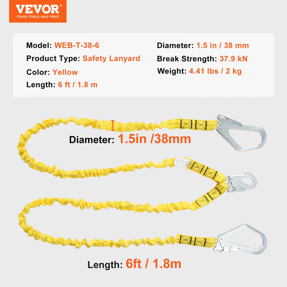 Yellow 38mm safety lanyard, 6ft long with snap hooks for fall protection.