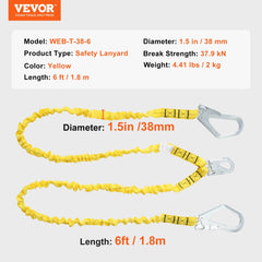 Yellow 38mm safety lanyard, 6ft long with snap hooks for fall protection.