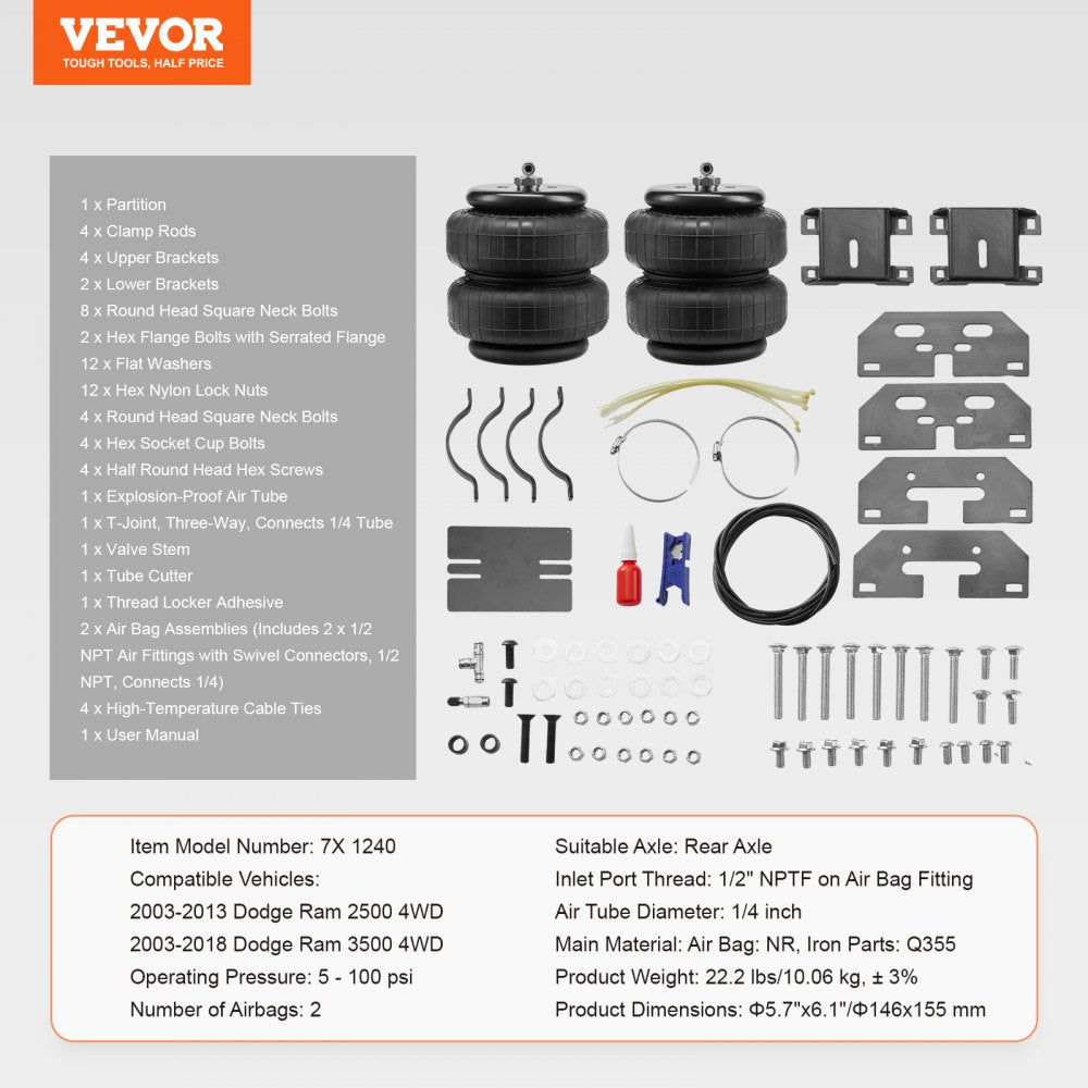 Air Bag Suspension Kit, Air Springs Suspension Bag Kit Compatible with 2003-2013 Dodge Ram 2500 4WD, 2003-2018 Dodge Ram 3500 4WD, 5000 lbs Loading, 5 to 100 PSI