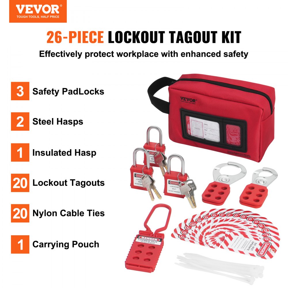 Electrical Lockout Tagout Kit, 26 PCS Safety Loto Kit Includes Padlocks, Hasps, Tags, Nylon Ties, and Carrying Bag, Lockout Tagout Safety Tools for Industrial, Electric Power, Machinery