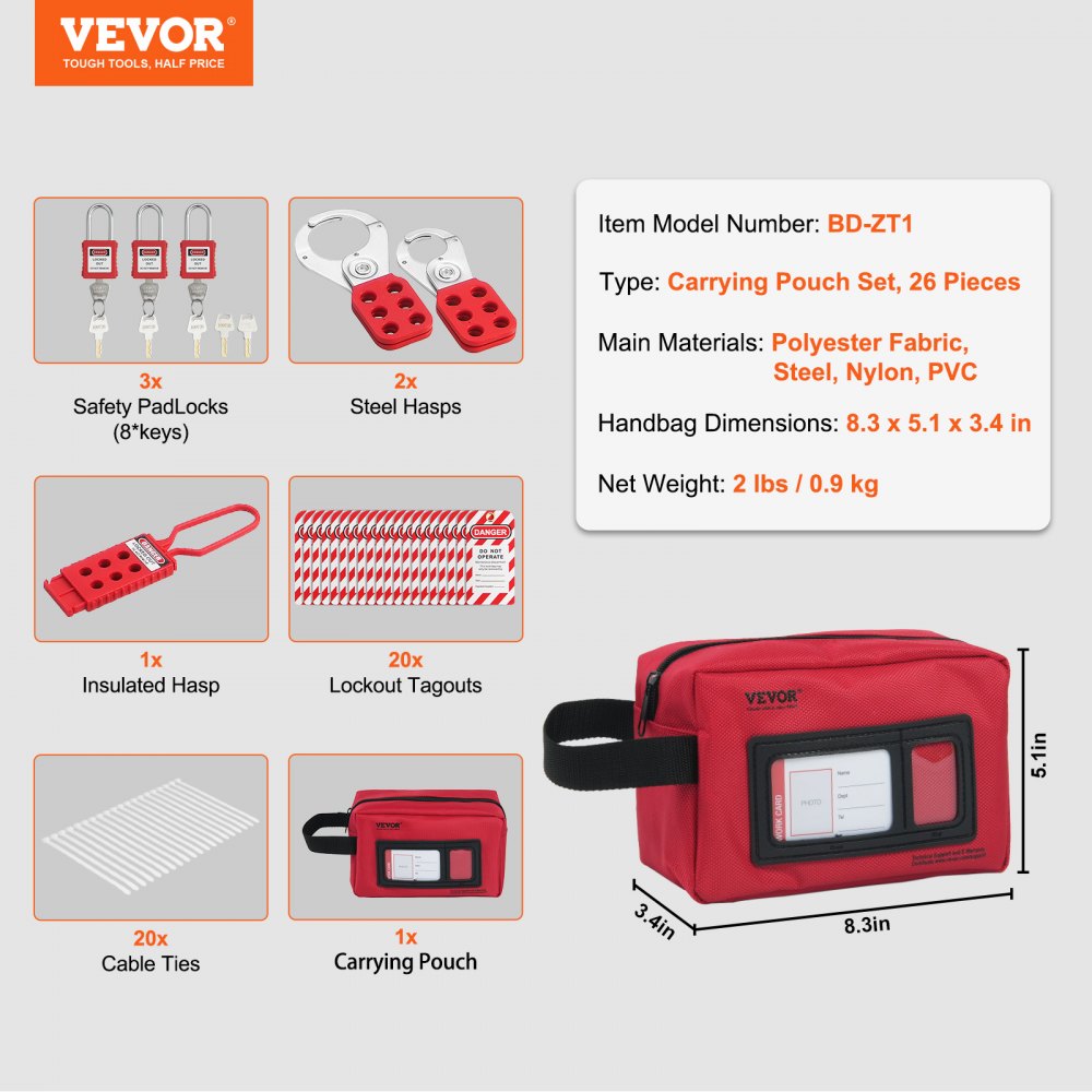Electrical Lockout Tagout Kit, 26 PCS Safety Loto Kit Includes Padlocks, Hasps, Tags, Nylon Ties, and Carrying Bag, Lockout Tagout Safety Tools for Industrial, Electric Power, Machinery