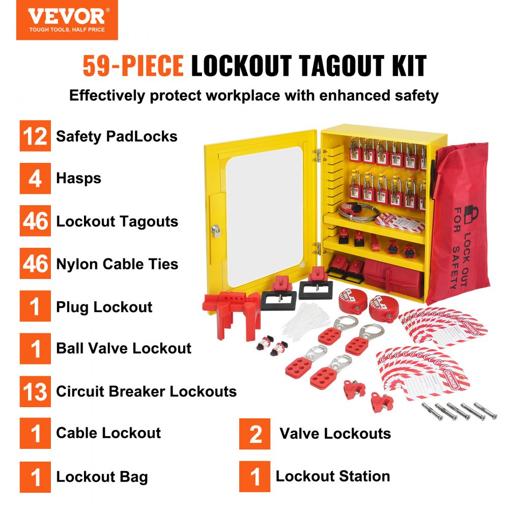 Electrical Lockout Tagout Kit, 59 PCS Safety Lockout Tagout Station With Padlocks, Hasps, Tags, Ties, Plug Lockout, Circuit Breaker Lockouts, Valve Lockouts, Cable Lockout, Lockout Bag, Box