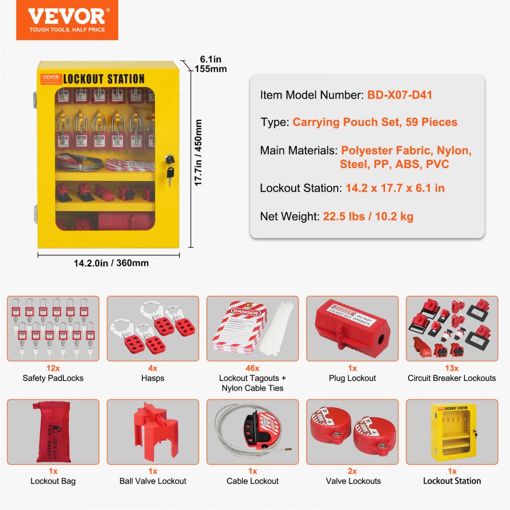 Electrical Lockout Tagout Kit, 59 PCS Safety Lockout Tagout Station With Padlocks, Hasps, Tags, Ties, Plug Lockout, Circuit Breaker Lockouts, Valve Lockouts, Cable Lockout, Lockout Bag, Box