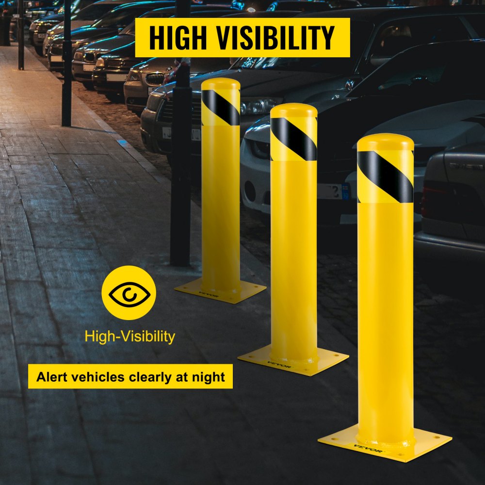 Safety Bollard 24"x4.5" Safety Barrier Bollard 4-1/2" OD 24" Height Yellow Powder Coat Pipe Steel Safety Barrier with 4 Free Anchor Bolts for Traffic-Sensitive Area