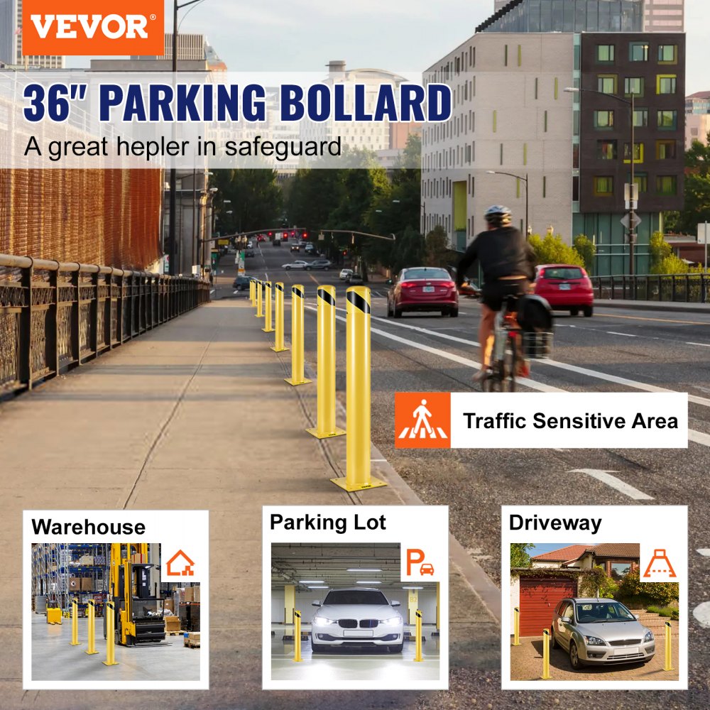 Safety Bollard Safety Barrier Bollard 4-1/2" OD 36" Height Yellow Powder Coat Pipe Steel Safety Barrier with 4 Free Anchor Bolts for Traffic-Sensitive Area